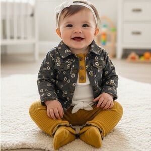 Daisy Fuentes Fall outfit 0/3M 3pc denim jacket top pullover pants yellow nwt